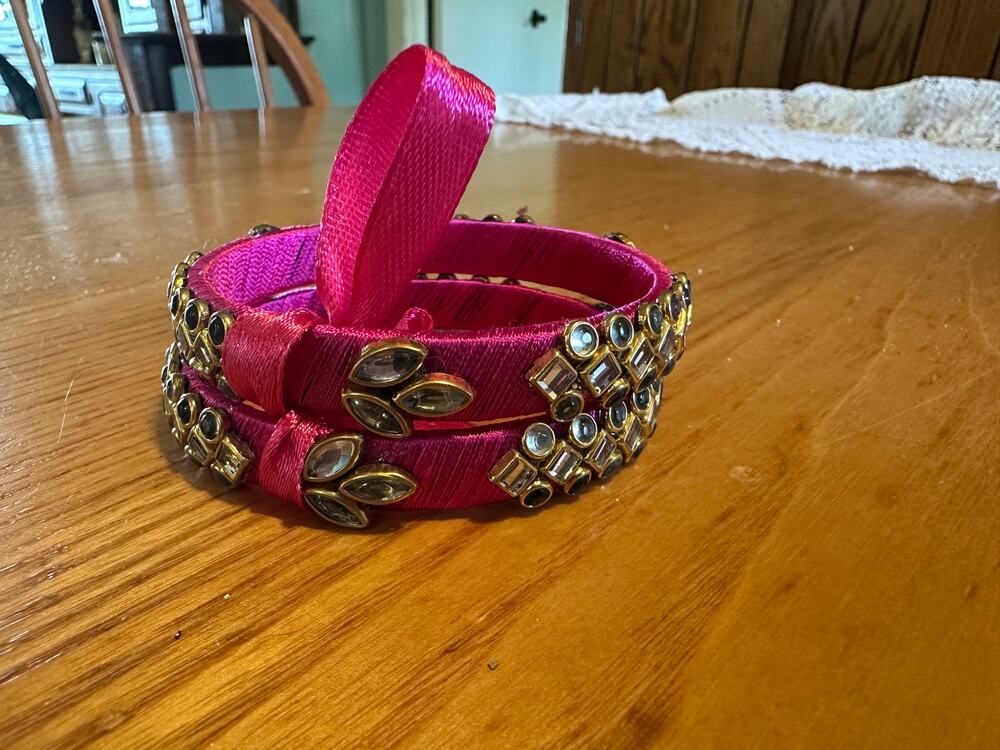 Indian Silk Thread Kada Bangle Set Magenta Pink Gold Rhinestone Bracelets Pair